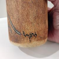 Mitch Lyons Signed Three Figures Ceramic Vase, MCM Rustic Primitive Pottery