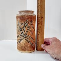 Mitch Lyons Signed Three Figures Ceramic Vase, MCM Rustic Primitive Pottery