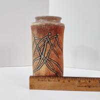 Mitch Lyons Signed Three Figures Ceramic Vase, MCM Rustic Primitive Pottery