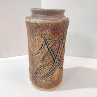 Mitch Lyons Signed Three Figures Ceramic Vase, MCM Rustic Primitive Pottery