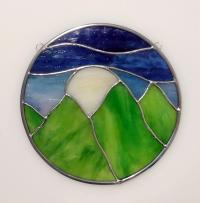 Moonrise over Mountains Round Stained Glass Panel