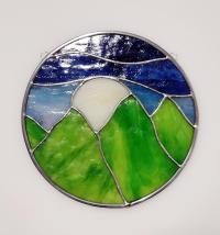 Moonrise over Mountains Round Stained Glass Panel