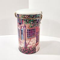 Vintage Main Street Coffee Shop Cylinder Storage Tin with Airtight Clamp Lid, Retro Shop Front Decorative Metal Container