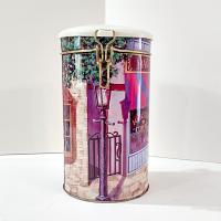 Vintage Main Street Coffee Shop Cylinder Storage Tin with Airtight Clamp Lid, Retro Shop Front Decorative Metal Container