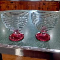 Vintage Pink Swirl Glass Footed Dessert Coupes, Set of Two, Swirled Glass Compotes, Sherbet Bowls
