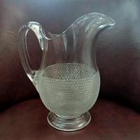 Antique McKee Snowflake Star Rosetted Pressed Glass Pitcher, UV Reactive Manganese Glass, Large Vintage Clear Glass Pitcher