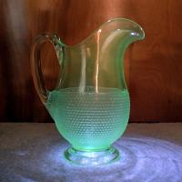 Antique McKee Snowflake Star Rosetted Pressed Glass Pitcher, UV Reactive Manganese Glass, Large Vintage Clear Glass Pitcher