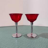 Vintage Paden City Glades Ruby Red Wine Glasses with Chrome Stems, Set of Two