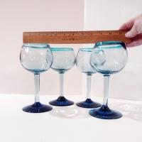 Vintage Mexican Hand Blown Glass Goblets, Set of Four, Aqua Turquoise Blue Large Wine / Margarita Glasses