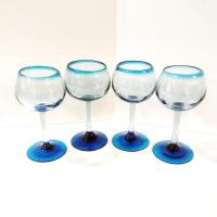 Vintage Mexican Hand Blown Glass Goblets, Set of Four, Aqua Turquoise Blue Large Wine / Margarita Glasses