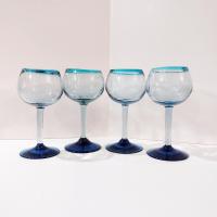Vintage Mexican Hand Blown Glass Goblets, Set of Four, Aqua Turquoise Blue Large Wine / Margarita Glasses