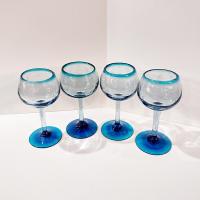 Vintage Mexican Hand Blown Glass Goblets, Set of Four, Aqua Turquoise Blue Large Wine / Margarita Glasses