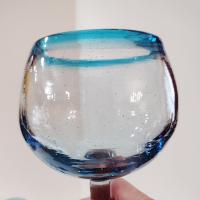 Vintage Mexican Hand Blown Glass Goblets, Set of Four, Aqua Turquoise Blue Large Wine / Margarita Glasses