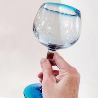 Vintage Mexican Hand Blown Glass Goblets, Set of Four, Aqua Turquoise Blue Large Wine / Margarita Glasses
