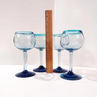 Vintage Mexican Hand Blown Glass Goblets, Set of Four, Aqua Turquoise Blue Large Wine / Margarita Glasses