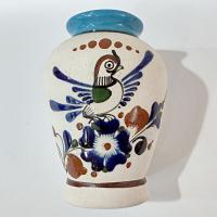 Vintage Mexican Tonala Blue Bird Floral Ceramic Vase, Tonala Mexico Hand Painted Pottery