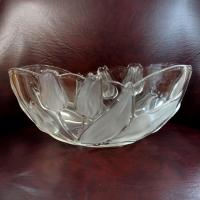 Vintage Mikasa Tulips Satin Oval Decorative Glass Bowl, Frosted Floral Centerpiece Fruit Bowl