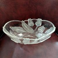 Vintage Mikasa Tulips Satin Oval Decorative Glass Bowl, Frosted Floral Centerpiece Fruit Bowl
