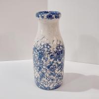 Vintage Blue Spongeware Heart Ceramic Milk Bottle Vase