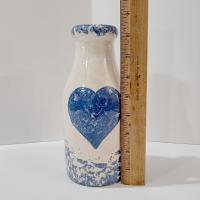 Vintage Blue Spongeware Heart Ceramic Milk Bottle Vase