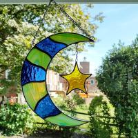 Moon and Star Stained Glass Suncatcher, Celestial Decor, Stained Glass Moon, Housewarming Gift