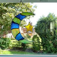 Moon and Star Stained Glass Suncatcher, Celestial Decor, Stained Glass Moon, Housewarming Gift