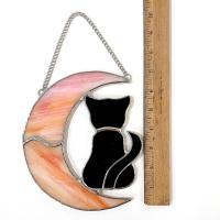 Stained Glass Orange Crescent Moon and Black Cat Suncatcher, Halloween Window Decoration