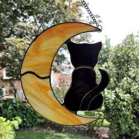 Stained Glass Orange Crescent Moon and Black Cat Suncatcher, Halloween Window Decoration