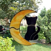 Stained Glass Orange Crescent Moon and Black Cat Suncatcher, Halloween Window Decoration