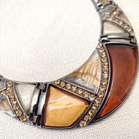 Vintage Enamel and Rhinestone Crescent Moon Metal Necklace, Brown and Amber Earth Tone Statement Necklace