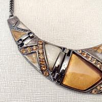 Vintage Enamel and Rhinestone Crescent Moon Metal Necklace, Brown and Amber Earth Tone Statement Necklace