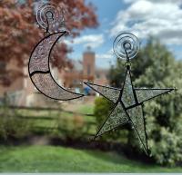 Moon and Star Set Stained Glass Suncatchers, Clear Iridescent Starburst Cathedral Glass