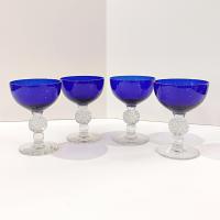 Vintage Morgantown Cobalt Blue Golf Ball Champagne Wine Tall Sherbet Glasses, Set of 4, Ritz Blue Coupe Glasses