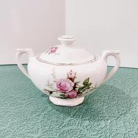 Vintage Canonsburg Moss Rose Covered Sugar Bowl, MCM Pink Floral Sugar Bowl