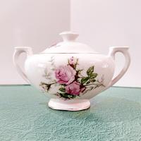 Vintage Canonsburg Moss Rose Covered Sugar Bowl, MCM Pink Floral Sugar Bowl