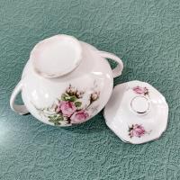 Vintage Canonsburg Moss Rose Covered Sugar Bowl, MCM Pink Floral Sugar Bowl