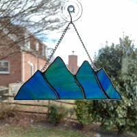 Stained Glass Mountains Suncatcher, Blue Green Wissmach Opalescent Glass