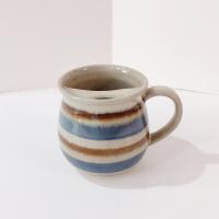 Vintage Ceramic Mustache Mug, Blue and Tan Striped Ceramic Coffee Tea Mug, Right Handed Mustache Mug Cup
