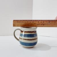 Vintage Ceramic Mustache Mug, Blue and Tan Striped Ceramic Coffee Tea Mug, Right Handed Mustache Mug Cup