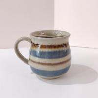Vintage Ceramic Mustache Mug, Blue and Tan Striped Ceramic Coffee Tea Mug, Right Handed Mustache Mug Cup