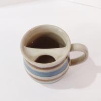 Vintage Ceramic Mustache Mug, Blue and Tan Striped Ceramic Coffee Tea Mug, Right Handed Mustache Mug Cup