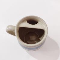 Vintage Ceramic Mustache Mug, Blue and Tan Striped Ceramic Coffee Tea Mug, Right Handed Mustache Mug Cup