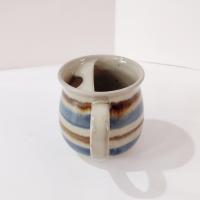 Vintage Ceramic Mustache Mug, Blue and Tan Striped Ceramic Coffee Tea Mug, Right Handed Mustache Mug Cup