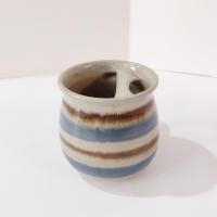 Vintage Ceramic Mustache Mug, Blue and Tan Striped Ceramic Coffee Tea Mug, Right Handed Mustache Mug Cup