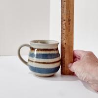 Vintage Ceramic Mustache Mug, Blue and Tan Striped Ceramic Coffee Tea Mug, Right Handed Mustache Mug Cup