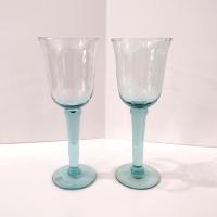 Vintage Mexican Hand Blown Teal Blue Wine Glasses, Set of Two, Tall 10 Ounce Wine Goblets