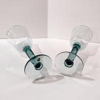 Vintage Mexican Hand Blown Teal Blue Wine Glasses, Set of Two, Tall 10 Ounce Wine Goblets