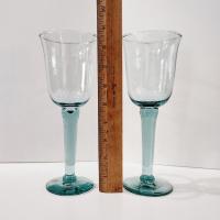 Vintage Mexican Hand Blown Teal Blue Wine Glasses, Set of Two, Tall 10 Ounce Wine Goblets