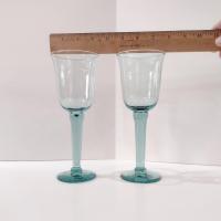 Vintage Mexican Hand Blown Teal Blue Wine Glasses, Set of Two, Tall 10 Ounce Wine Goblets