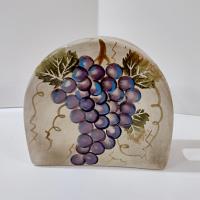 Vintage Purple and Green Grape Cluster Tuscan Style Ceramic Napkin Holder, Hand Painted Pottery